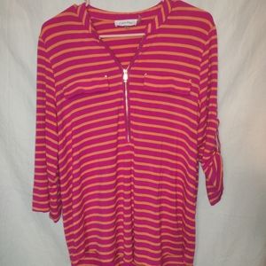 Medium women's Calvin Klein pink and orange striped 3/4 sleeve top with gold zip